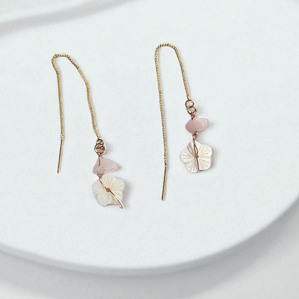 18K Gold Plated Brass Hibisious Threader Earring Pink Floral Earrings